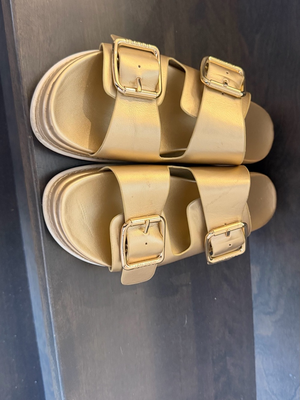 J Slides Metallic Gold Double Buckle Slide Sandals